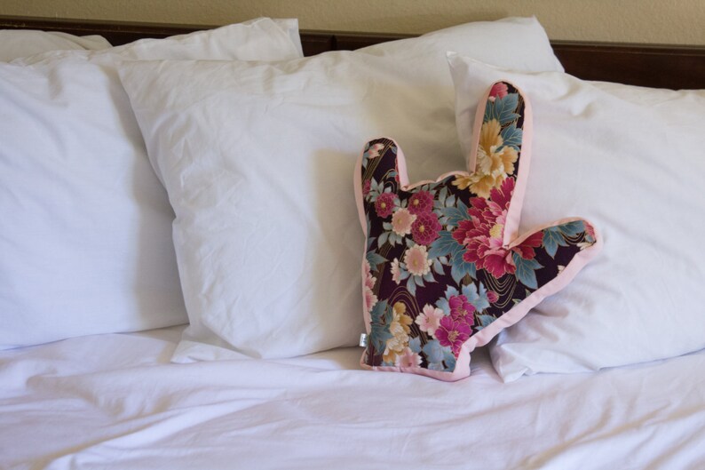ILY I Love You Hand Shape Pillow // Gold Metallic Floral Design with Pink Trim// No. 35 image 3
