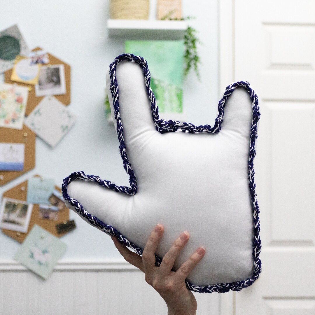 ASL ILY Pillow I Love You Hand Shape // White Cotton Fabric With Navy
