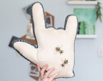 ASL ILY Pillow (I Love You) Hand Shape // Bumblebee Embroidery on Cream Suede Fabric with Floral Print Cotton Fabric // Pillow no. 596