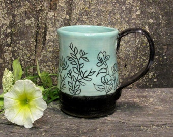 Coffee mug, cup, hand painted pottery, stoneware, ceramic art hedgerow