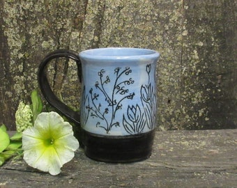 Coffee mug, cup, hand painted pottery, stoneware, ceramic art hedgerow