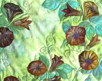 Botanical textile art, hand painted fabric art quilt, wall hanging,  home decor quilt  - Morning glories