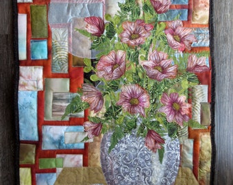 Quilted wall hanging - Hand painted fabric art quilt, wall hangings, botanical textile art, home decor quilt - still life