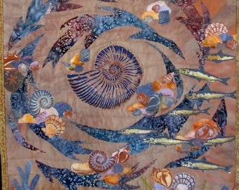 Hand painted fabric art quilt, wallhanging - She sells sea shells