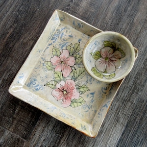 Hand made  painted pottery tray with matching bowl