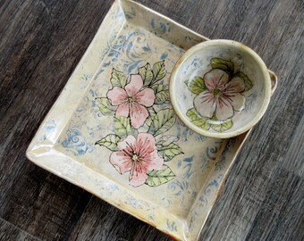 Hand made  painted pottery tray with matching bowl