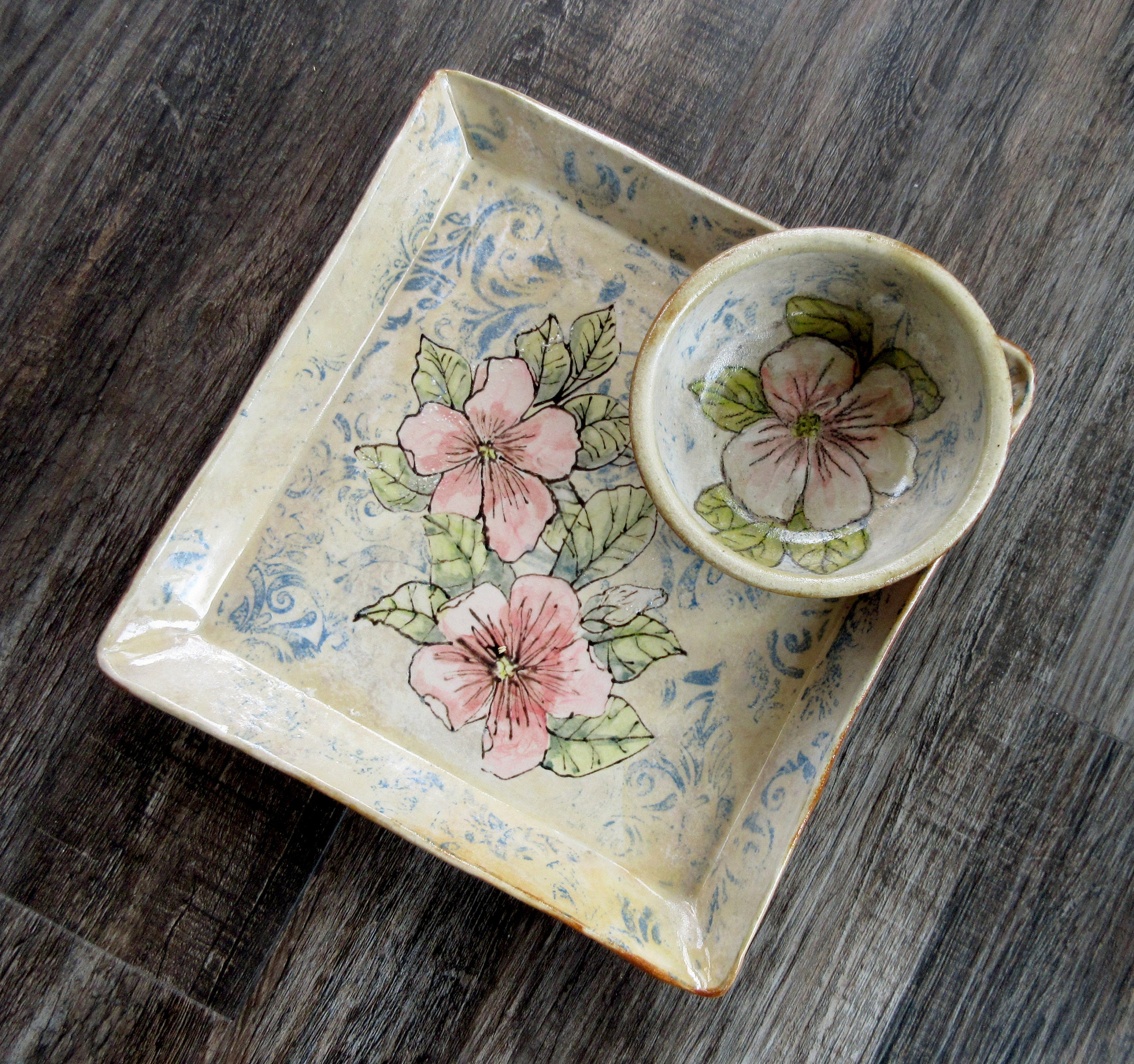 Buy Hand Made Painted Pottery Tray With Matching Bowl Online in India