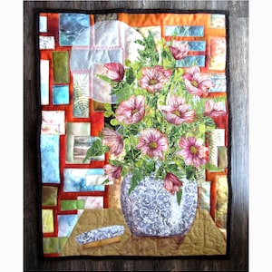 Quilted wall hanging - Hand painted fabric art quilt, wall hangings, botanical textile art, home decor quilt - still life