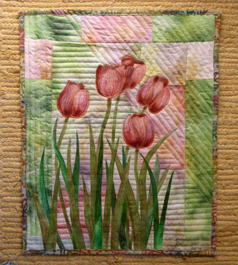 Hand Painted Fabric Art Quilt Wallhanging Tulips Etsy