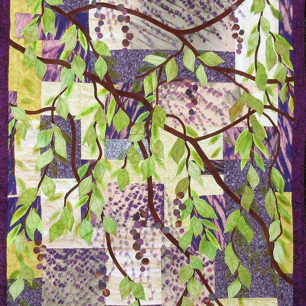 Quilted wall art quilt made with hand painted fabric, wall hanging - Tiny berries - fiber art