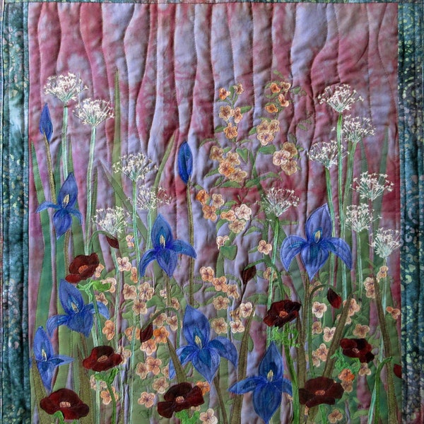 Art quilt made with hand painted fabric, botanical art quilt,  wall art, wall hanging, textile art - Flowers