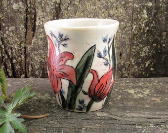 Stoneware pottery wine glass - red and blue flowers