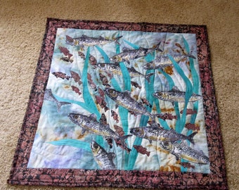 Hand painted fabric art quilt, wall hanging, wall quilt,  marine textile art, home decor quilt -mackerel and minnows