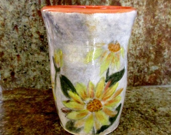 Juice glass,  pottery wine glass, cup without handle, wine tumbler -daisies