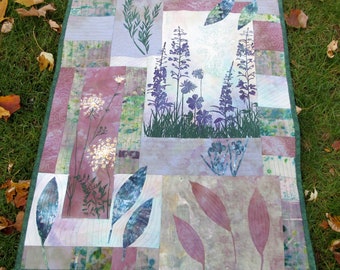 Hand painted fabric art quilt, wall hanging, botanical  textile art, home decor quilt, botanical