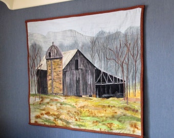 Hand painted fabric art quilt, wall hanging, home decor quilt, landscape quilt - Barn