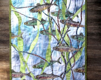 Hand painted fabric art quilt, wall hanging, wall quilt,  marine textile art, home decor quilt -mackerel