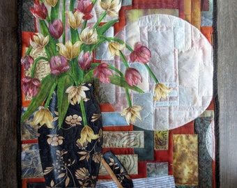 Hand painted fabric art quilt, wall hanging, botanical textile art, home decor quilt - still life