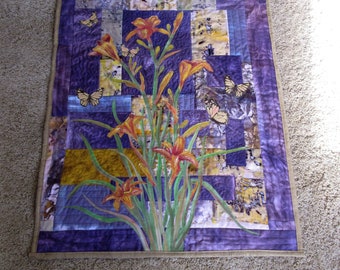 Quilted wall hangings, hand painted fabric art quilt, wall hanging, wall quilt, home decor quilt - daylilies and butterflies