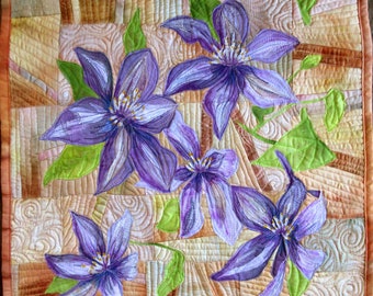 Quilted wall hanging, hand painted fabric art quilt, wall quilt, home decor quilt - Clematis