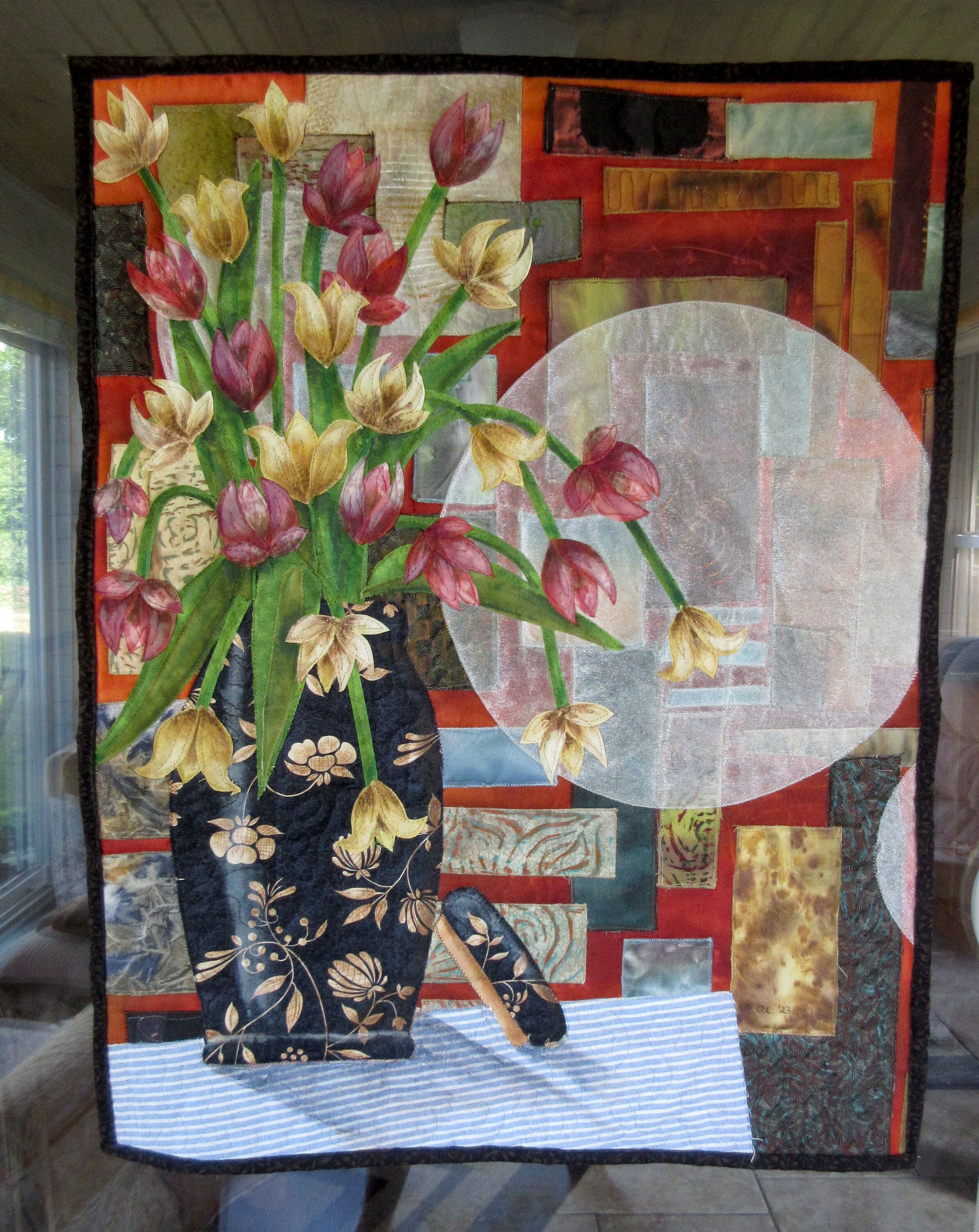 View of Hand Painted Fabric Art Quilt Wall Hanging Botanical Textile - Etsy