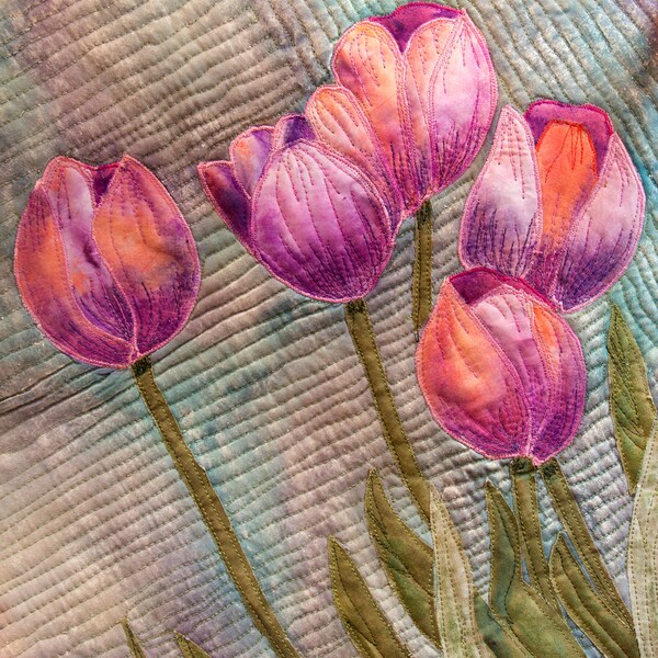 Hand painted fabric art quilt, wallhanging - Tulips