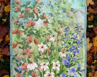 Hand painted fabric art quilt, wall hangings, botanical textile art, home decor quilt - flowers