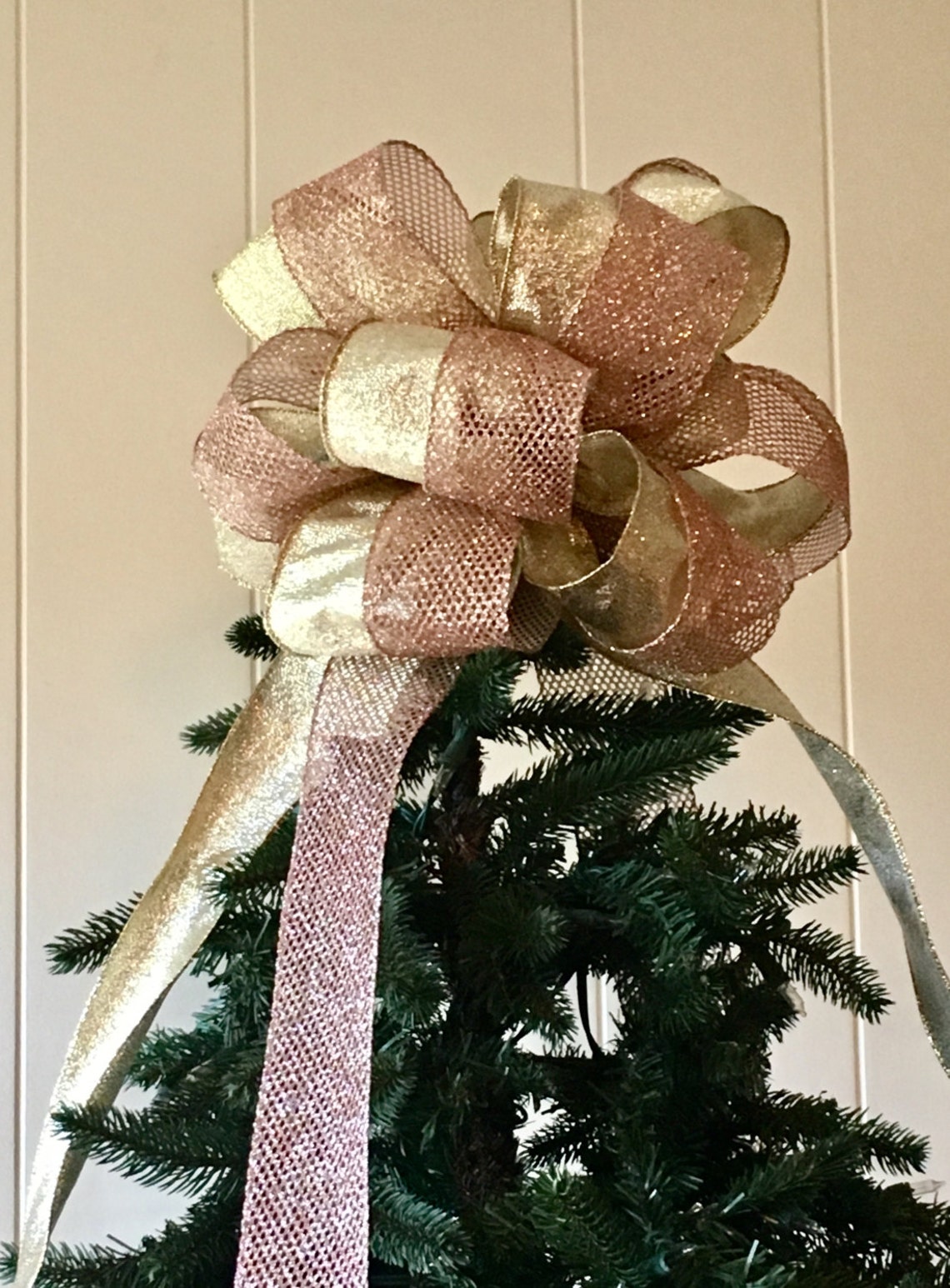 Rose Gold Christmas Bow / Glittering Rose Gold Tree Topper Bow Etsy