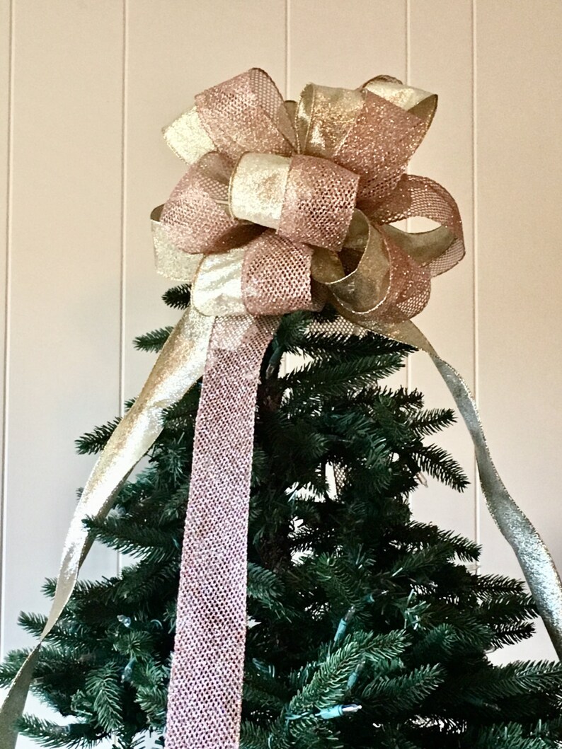 Rose Gold Christmas Bow / Glittering Rose Gold Tree Topper Bow Etsy