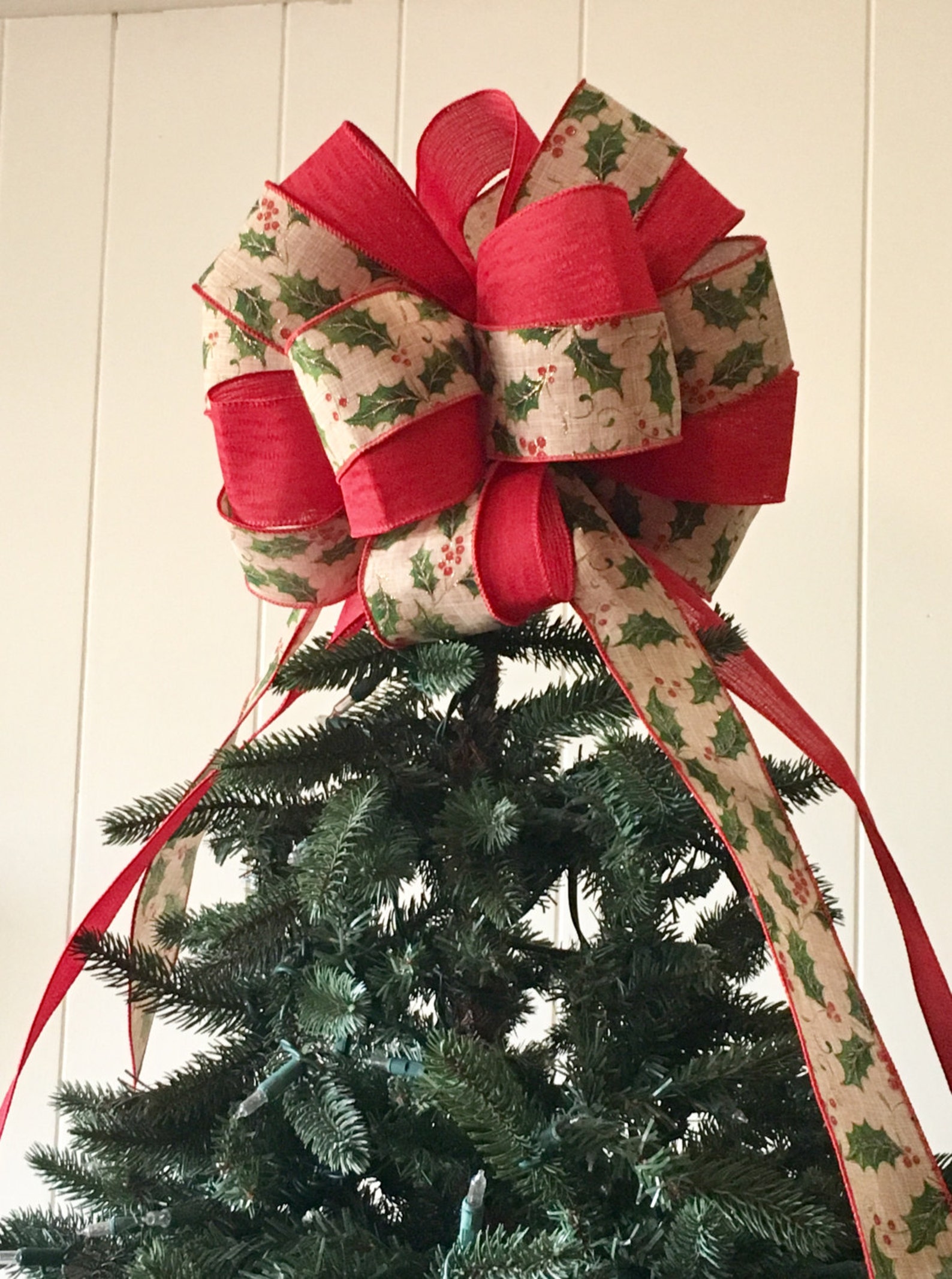 Holiday Tree Topper Bow / Holly Berry Holiday Tree Topper / Etsy