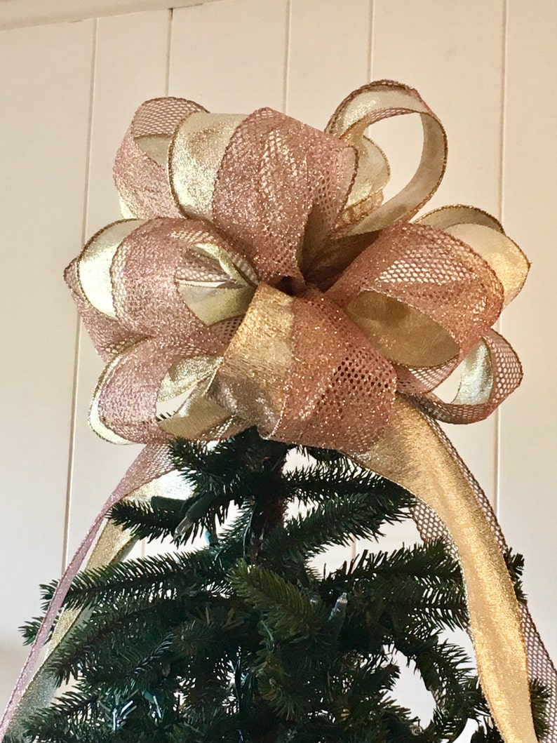 Rose Gold Christmas Bow / Glittering Rose Gold Tree Topper Bow Etsy