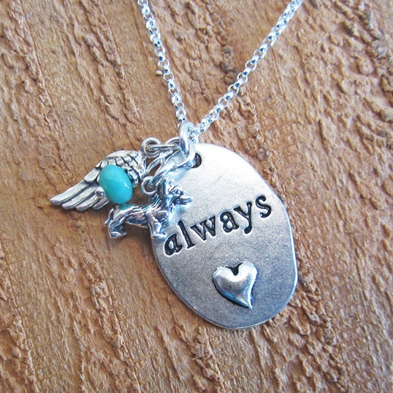 Dog Angel Memorial Necklace Dog Memorial Always Angel Wing Mini Dog Charm Necklace with 30 Sterling Silver Chain