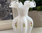 Fenton Silver Crest Hand Painted Floral White Ruffled Vase Bulb Vase Fenton Melon Vase Fenton Silvercrest Floral Vase