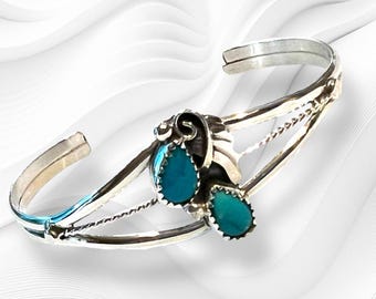 Sterling Silver and Turquoise Southwestern Style Cuff Bracelet / Sterling Silver Double Turquoise Stone Bracelet / Navajo Turquoise Bracelet