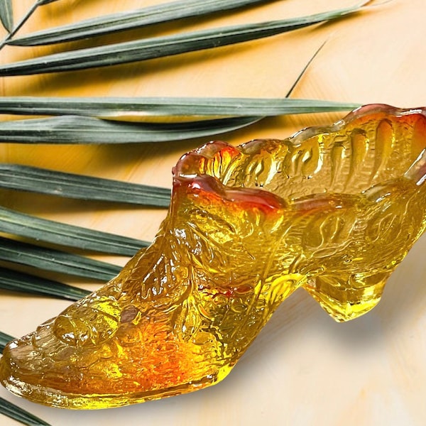 Vintage Amberina Yellow Glass Shoe /Yellow Glass Bow High Heel Shoe / Yellow Amberina Glass Floral Slipper