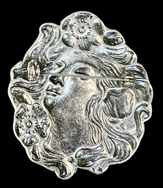 Art Nouveau Style Silver Metal Woman Brooch / Sil… - image 6