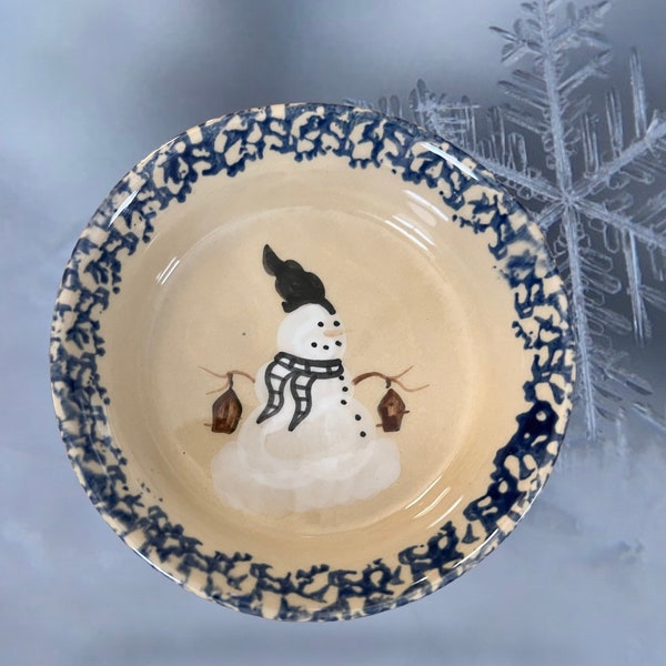 Alpine Pottery Roseville OH Blue Snowman Bowl / Alpine Pottery Hand Painted Snowman Small Bowl / Pottery Snowman Dip Bowl