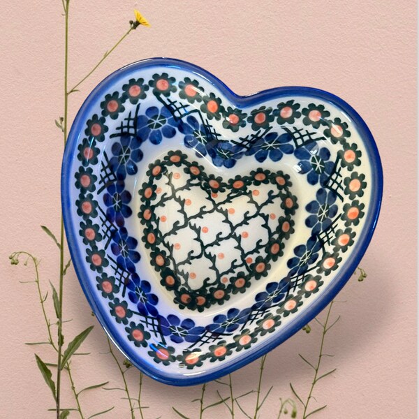 Ceramika Artystyczna Floral Polish Pottery Heart Shaped Bowl / Polish Pottery Small Heart Bowl / Handmade Polish Pottery Heart