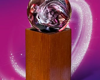 Blown Glass 2 Inch Glass Purple Swirl Marble with Wood Stand / Blown Glass Multicolor Magenta Swirl Small Marble / Small Art Glass Orb