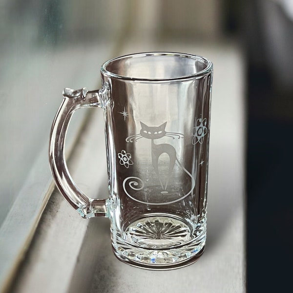Atomic Cat Etched Mug Glass / Atomic Cat Beer Mug Glass / Atomic Cat Etched Drinking Glass