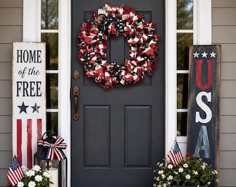 Handmade  American Flag Strip Wreath / Patriotic Americana Decor /  Repurposed Veteran Memorial Flag Wreath / Recycled American Flag Wreath