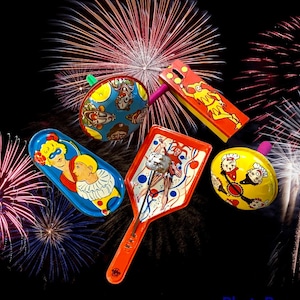 Set of 5 Vintage Graphic Novelty Noise Makers / Vintage Metal Clown Noise Makers / Vintage Litho Metal Party Noisemakers