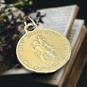 Vintage Brass St. Christopher 1.125&quot; Coin Pendant / Vintage Saint Christopher Protect Coin Style Pendant / Brass Religious Saint Pendant