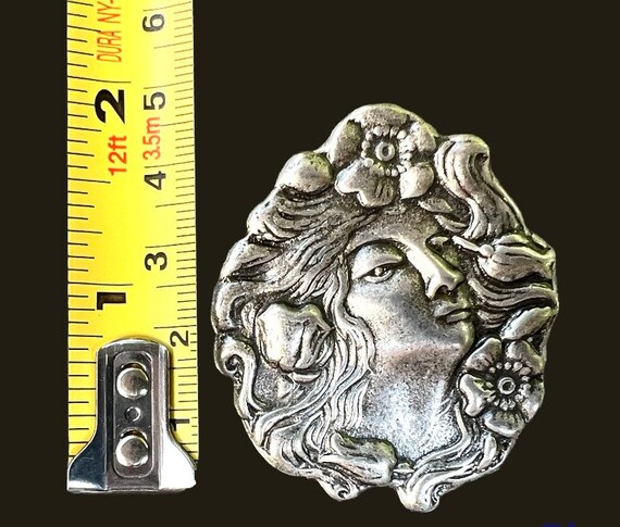 Art Nouveau Style Silver Metal Woman Brooch / Sil… - image 8