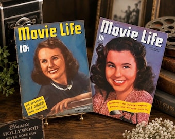 May include: Two vintage Movie Life magazines featuring portraits of women on the covers. The left magazine is dated April and priced at 10 cents, while the right magazine is dated June and priced at 10 cents. Both covers display bold yellow text.
