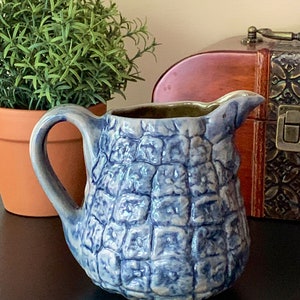BBP Beaumont Pottery Blue Glazed Pineapple Pattern Pitcher/ Blue Stoneware BBP Pottery Pitcher / Stoneware Pineapple Pottery Pitcher