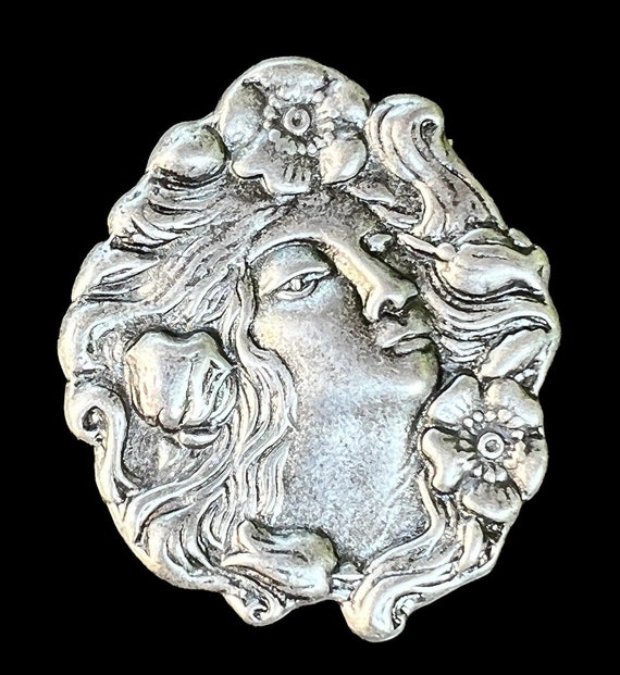 Art Nouveau Style Silver Metal Woman Brooch / Sil… - image 1