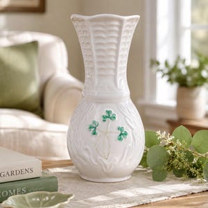 Belleek Pottery Irish Porcelain Shamrock Leitrim Vase 5 1/4 / Irish Belleek Shamrock 5 Inch Vase / Belleek Ireland Small Porcelain Vase