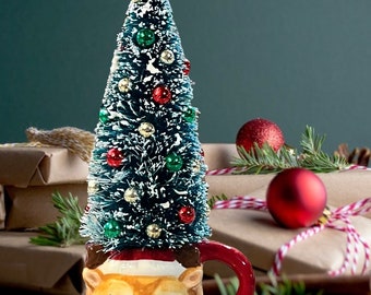 Handmade Reindeer Mug Christmas Beaded Bottle Brush 7" Tree  / Handmade Christmas Sisal Beaded Tree / Ceramic Reindeer Sisal Tree Mug