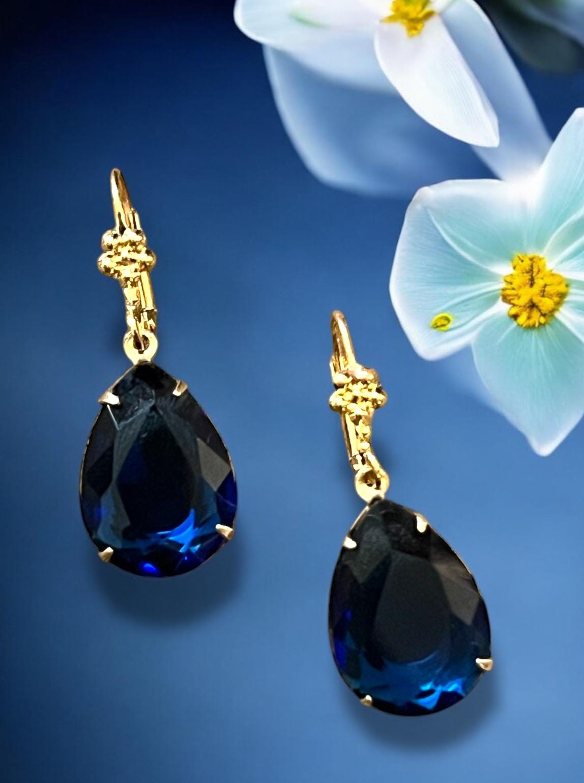 Faux Blue Sapphire Gemstone  Teardrop Earrings / Large Faux Sapphire Drop Earrings / Faux Blue Sapphire Pear Shape Dangle Earrings